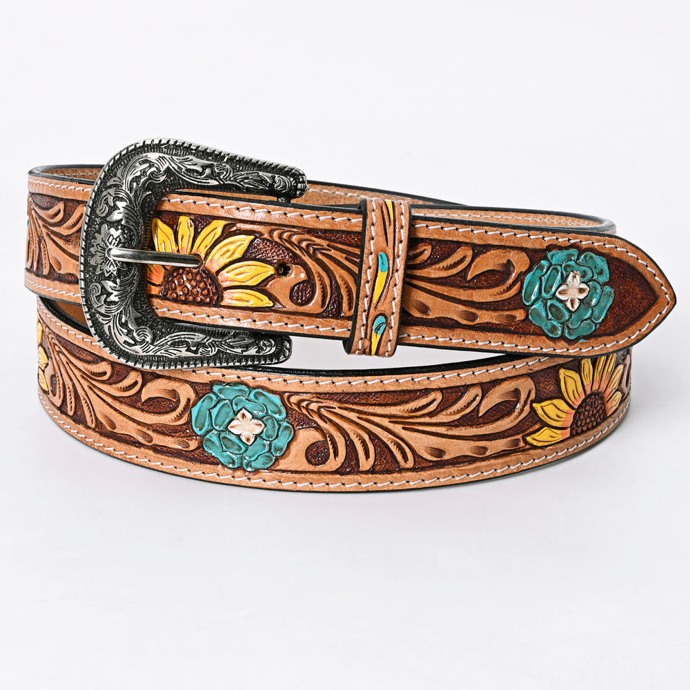 LC-ADBLF131 Hand Tooled Leather Belt - Sunflower & Turquoise Floral Western Belt with Silver Buckle