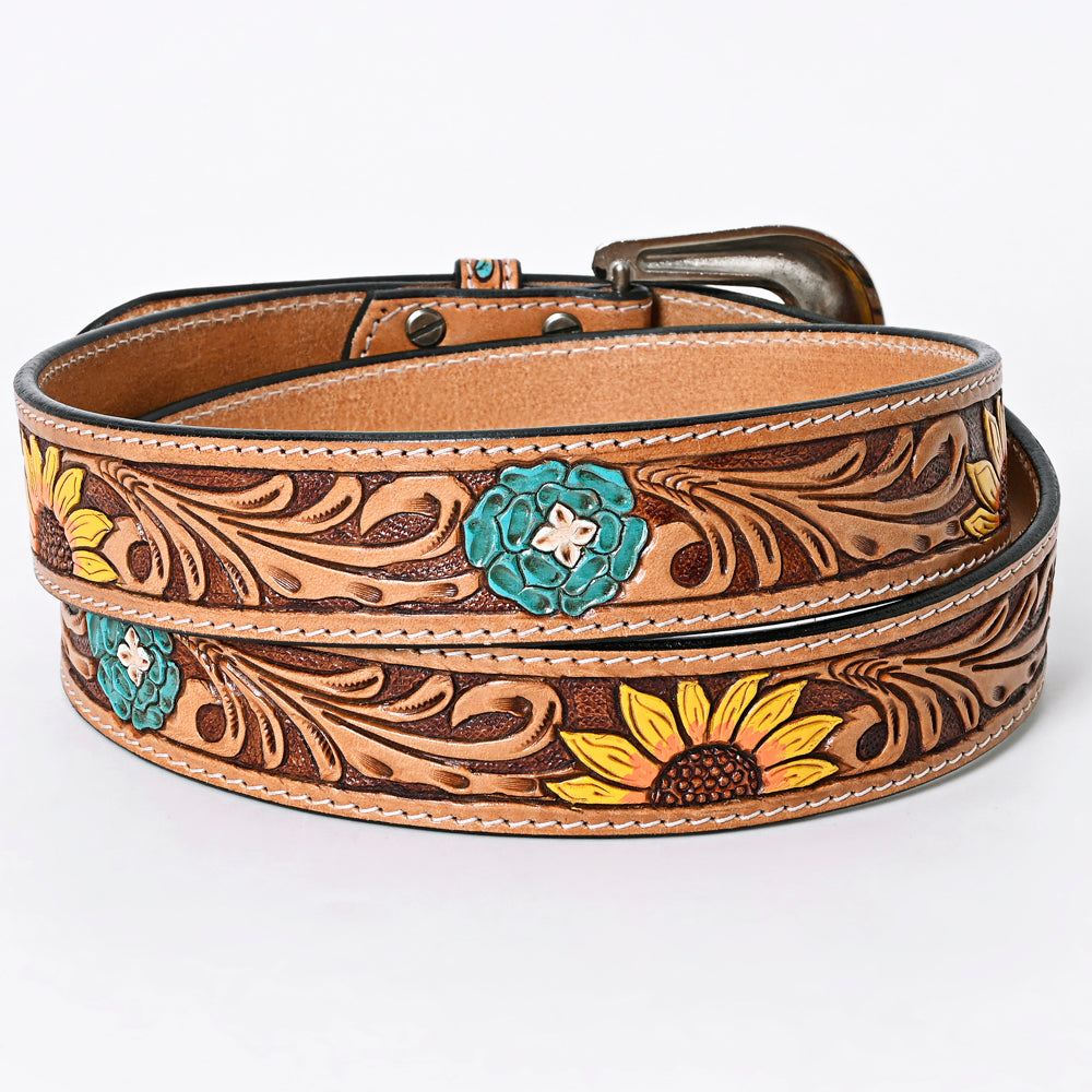 LC-ADBLF131 Hand Tooled Leather Belt - Sunflower & Turquoise Floral Western Belt with Silver Buckle