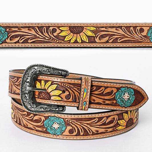 LC-ADBLF131 Hand Tooled Leather Belt - Sunflower & Turquoise Floral Western Belt with Silver Buckle