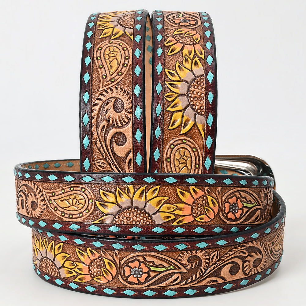 LC-ADBLF132 Tooled Leather Western Belt - Sunflower & Paisley Design with Turquoise Diamond Border