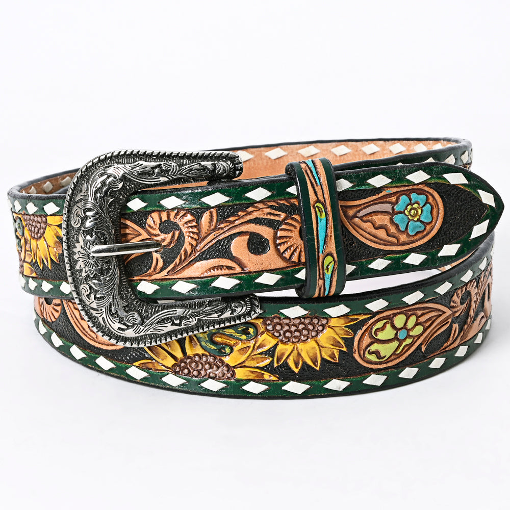 LC-ADBLF133 Tooled Leather Western Belt - Sunflower & Floral Scroll with Green Diamond Border