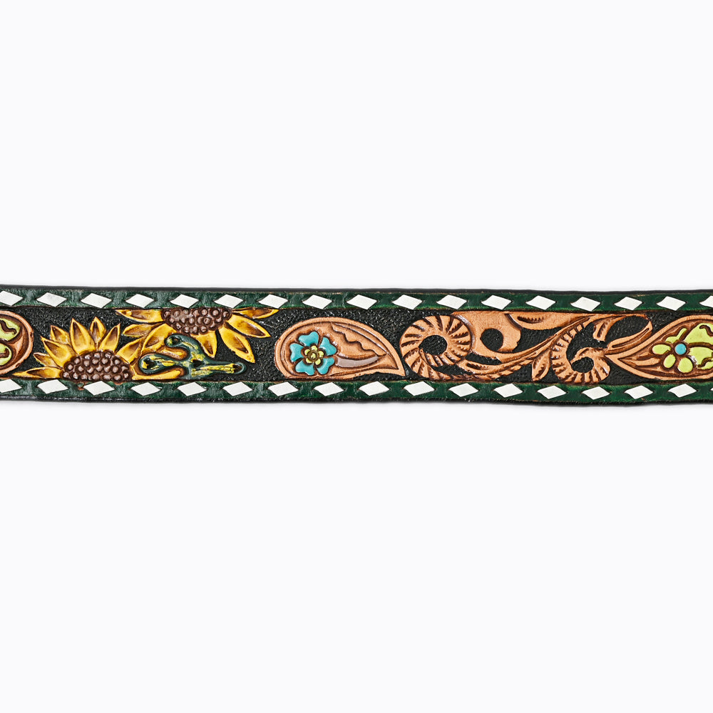 LC-ADBLF133 Tooled Leather Western Belt - Sunflower & Floral Scroll with Green Diamond Border