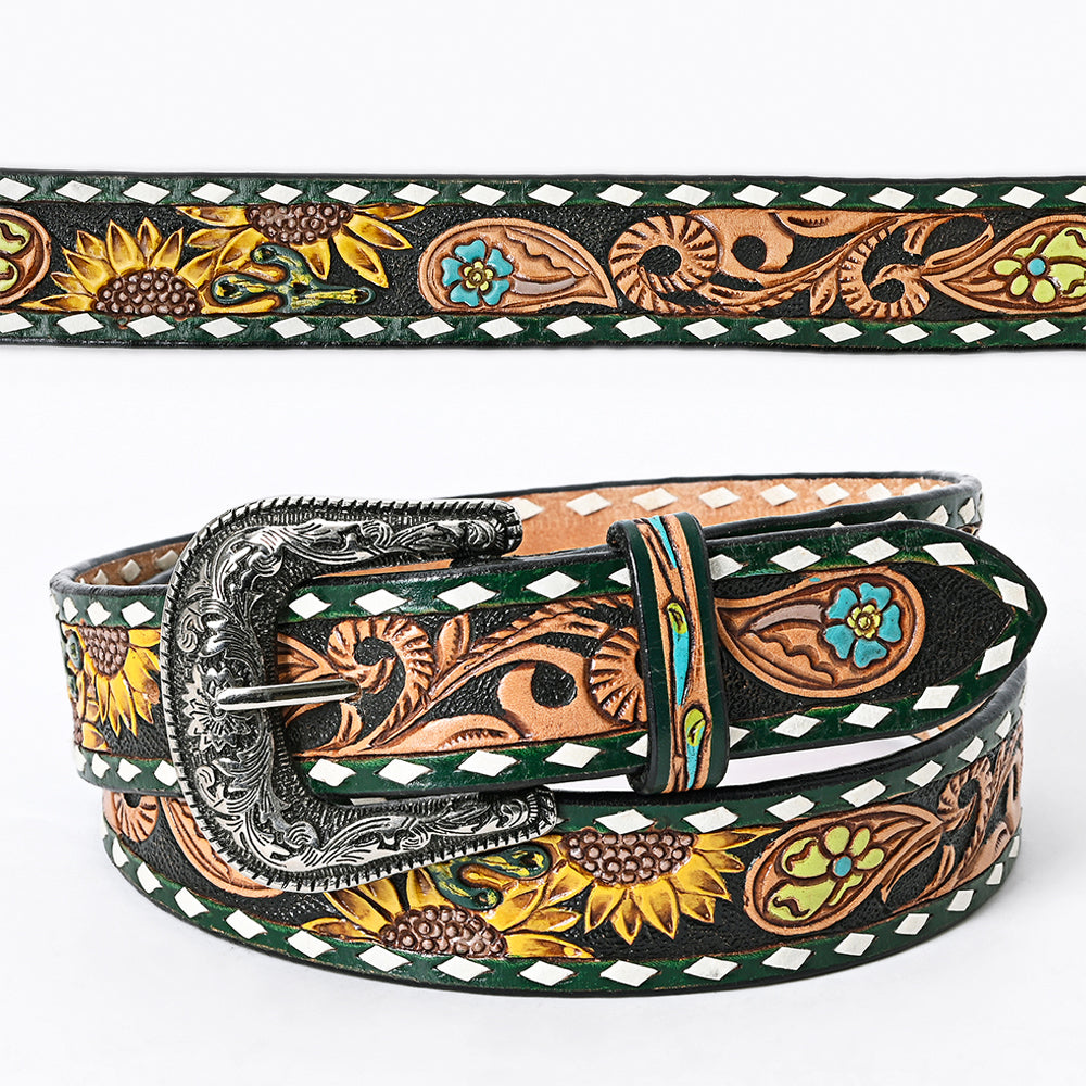 LC-ADBLF133 Tooled Leather Western Belt - Sunflower & Floral Scroll with Green Diamond Border