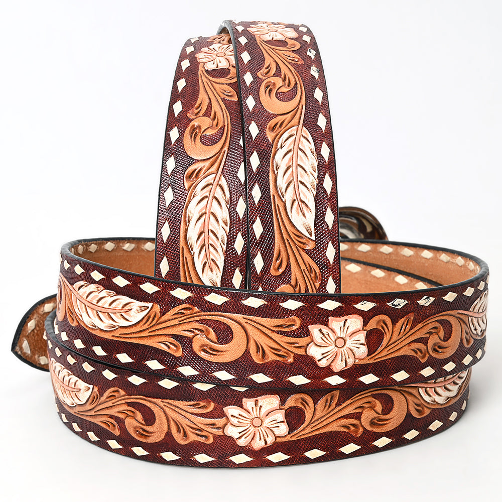 LC-ADBLF136 Tooled Leather Western Belt - Feather & Floral Carving with White Diamond Edge and Silver Buckle