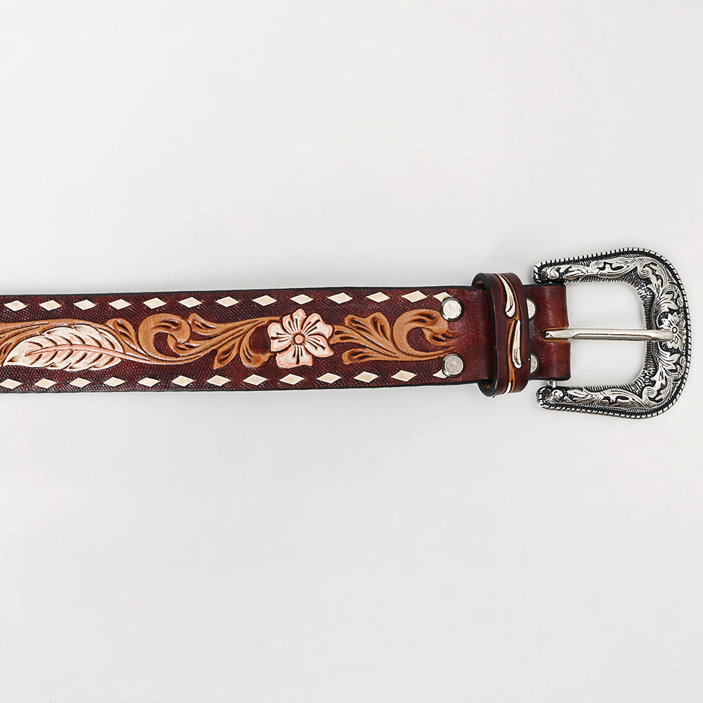 LC-ADBLF136 Tooled Leather Western Belt - Feather & Floral Carving with White Diamond Edge and Silver Buckle