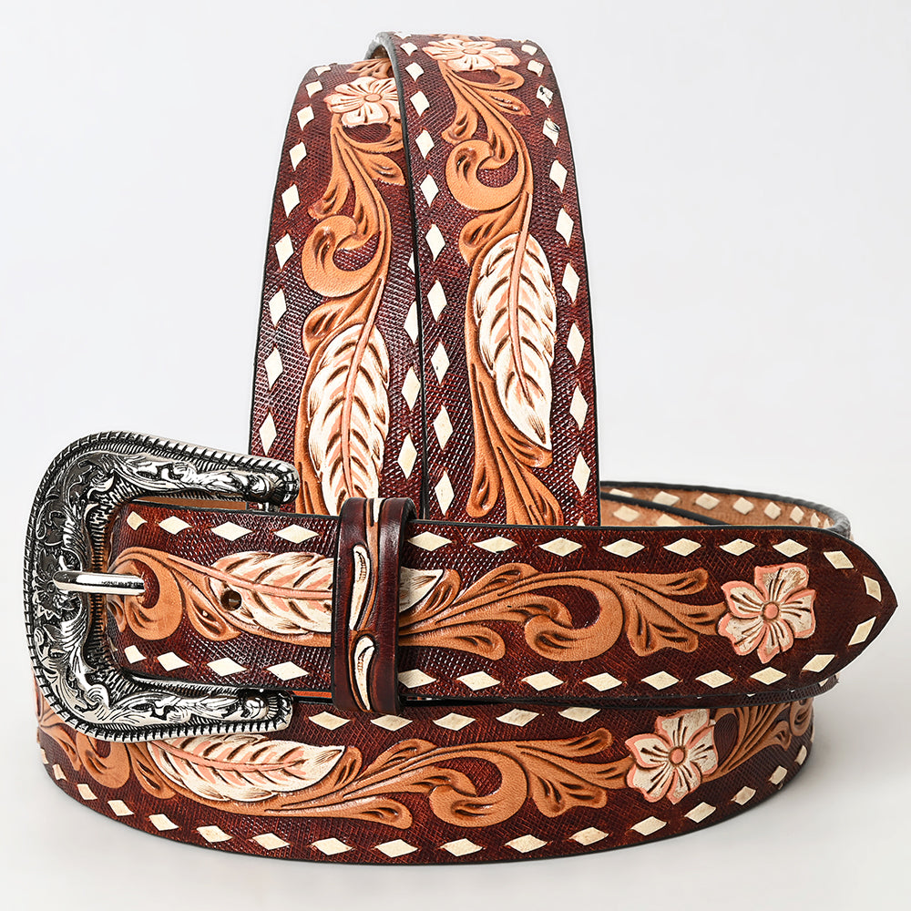 LC-ADBLF136 Tooled Leather Western Belt - Feather & Floral Carving with White Diamond Edge and Silver Buckle