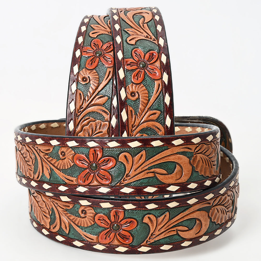 LC-ADBLF137 Tooled Leather Western Belt - Green Floral Scroll Design with White Diamond Border and Silver Buckle