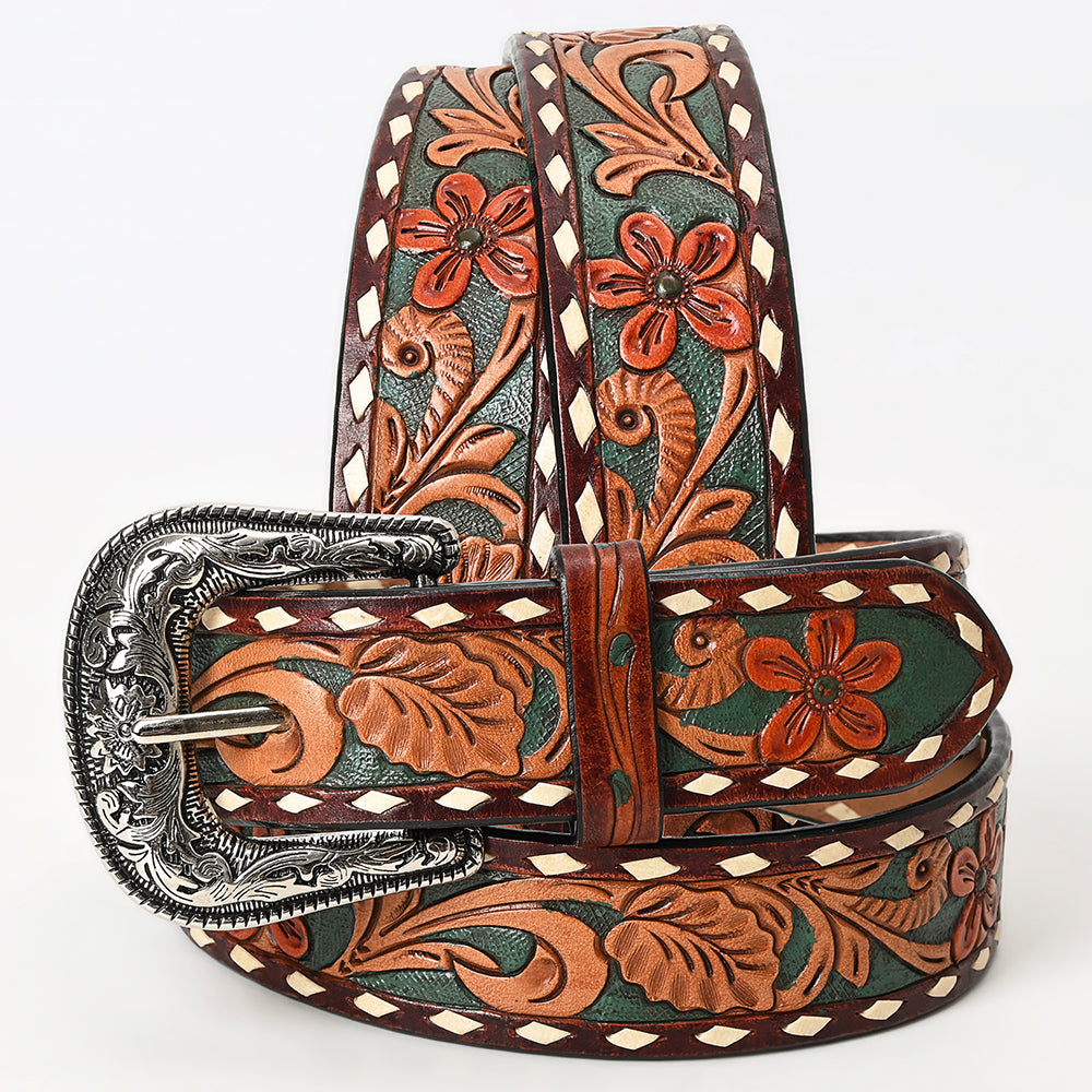LC-ADBLF137 Tooled Leather Western Belt - Green Floral Scroll Design with White Diamond Border and Silver Buckle