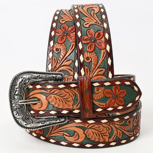 LC-ADBLF137 Tooled Leather Western Belt - Green Floral Scroll Design with White Diamond Border and Silver Buckle