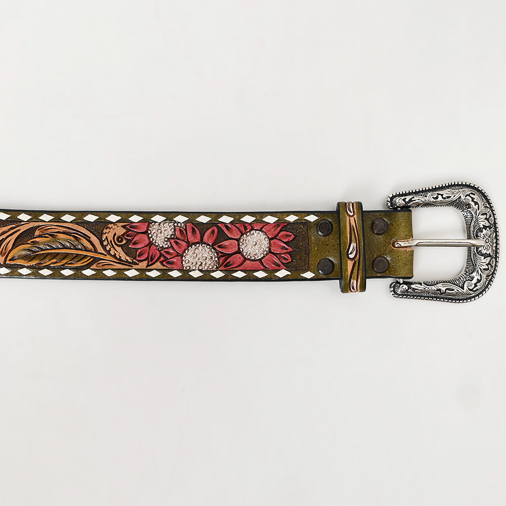 LC-ADBLF139 Tooled Leather Western Belt - Red Sunflowers & Olive Scroll Design with White Diamond Border and Silver Buckle