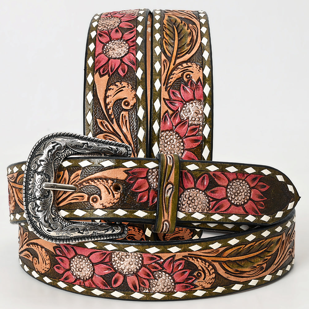 LC-ADBLF139 Tooled Leather Western Belt - Red Sunflowers & Olive Scroll Design with White Diamond Border and Silver Buckle
