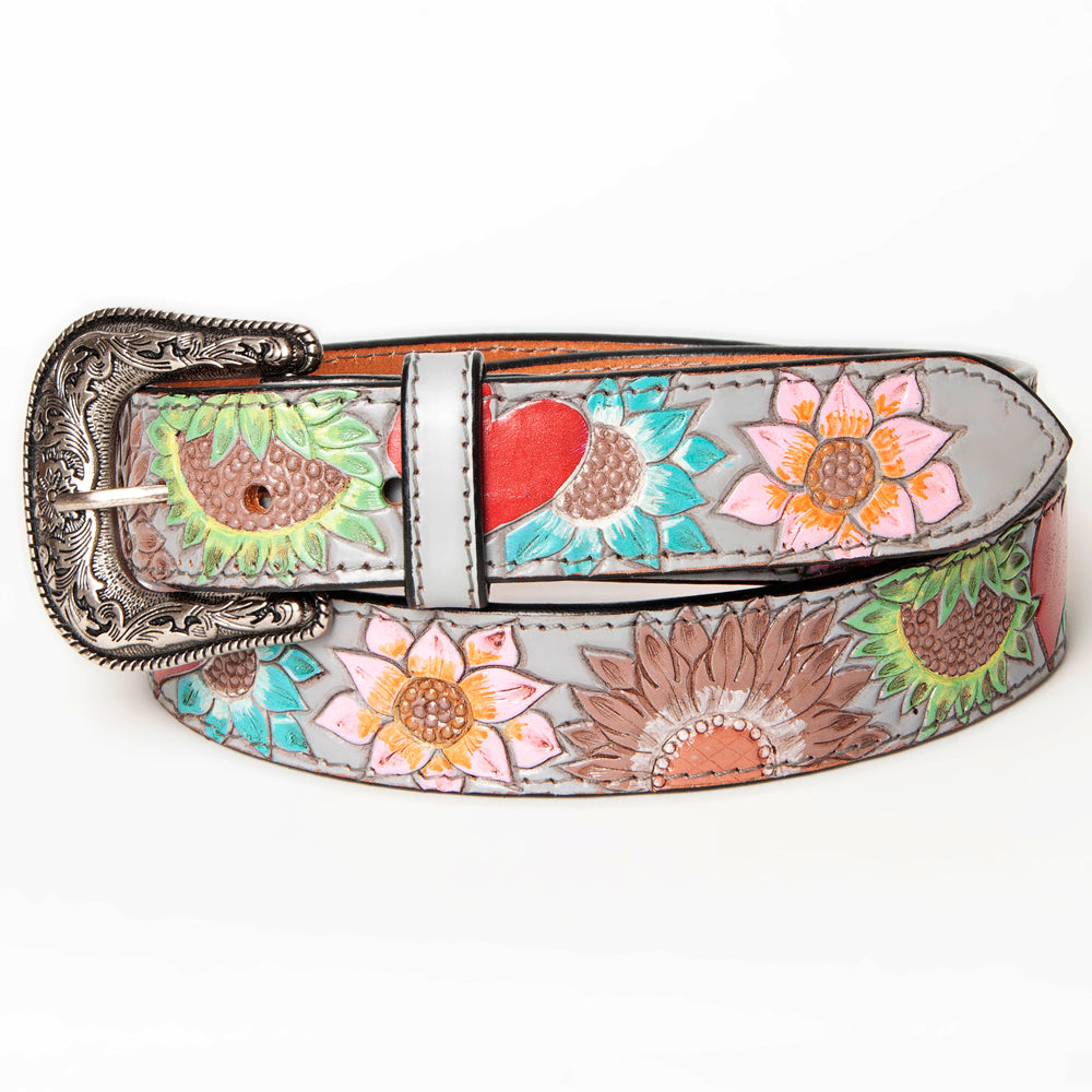 LC-ADBLF142 Hand Tooled Leather Belt - Multicolor Sunflowers & Red Heart on Gray Base