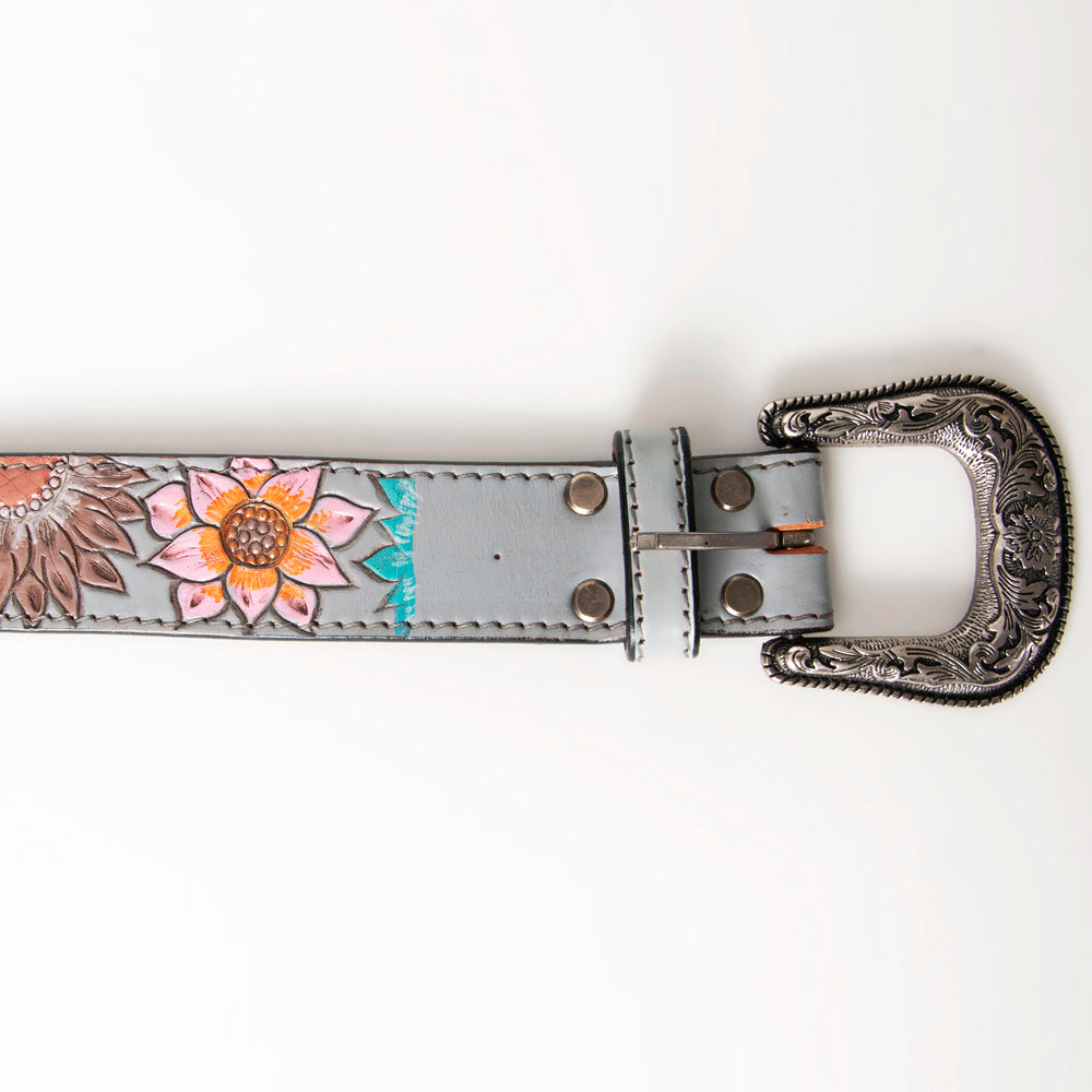 LC-ADBLF142 Hand Tooled Leather Belt - Multicolor Sunflowers & Red Heart on Gray Base