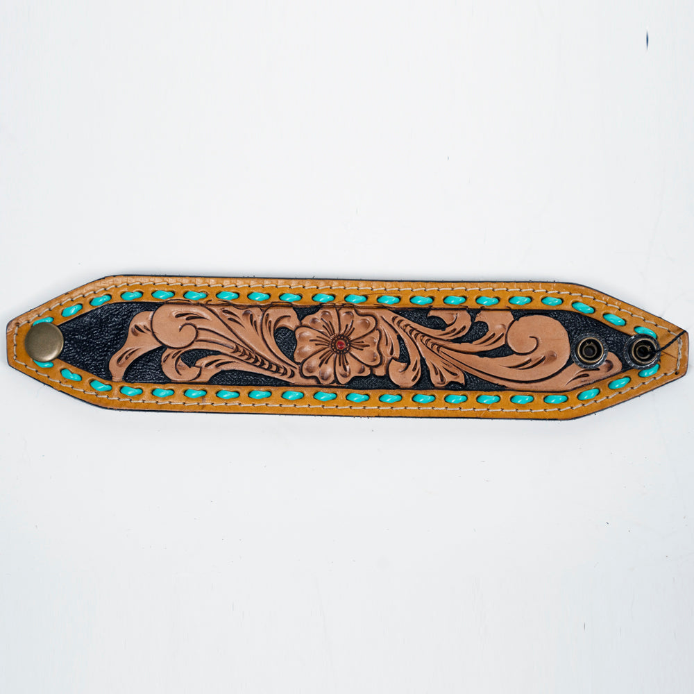 LC-ADBRF104 Tooled Leather Wristband - Floral Western Cuff with Turquoise Whipstitch & Snap Closure