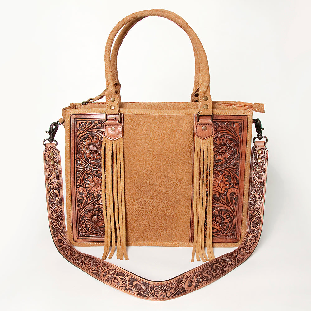 ADBG230 Hand Tooled Leather Tote Bag with Natural Floral Tooled Leather Panels & Fringes