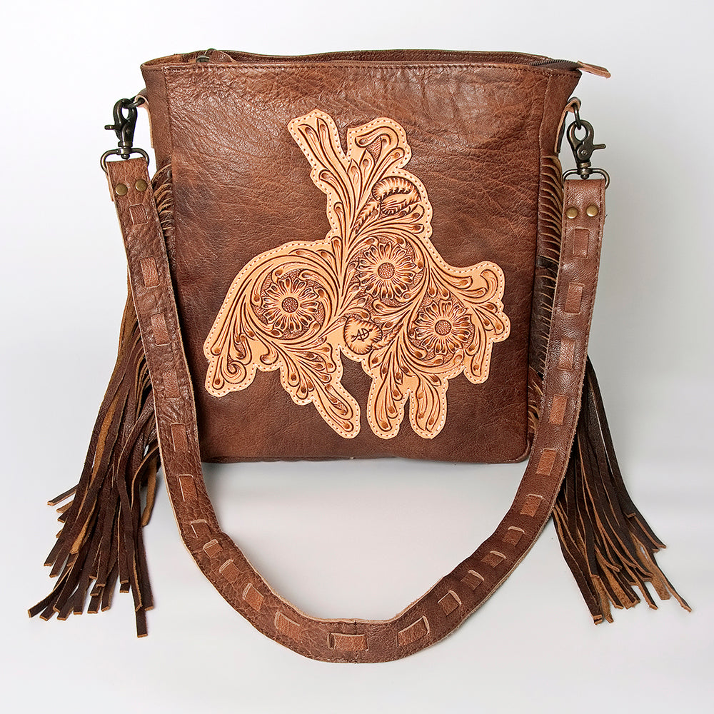 LC-ADBG719 Leather Fringe Crossbody Bag with Tooled Panel