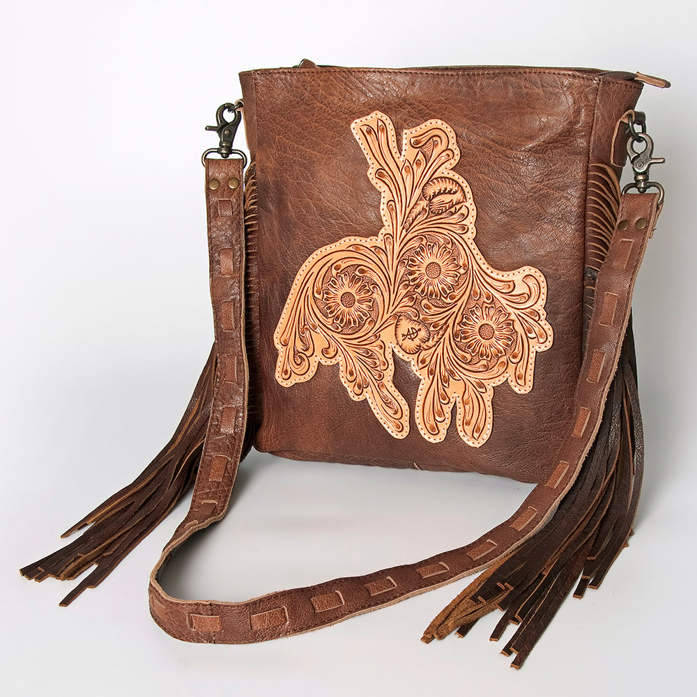 LC-ADBG719 Leather Fringe Crossbody Bag with Tooled Panel