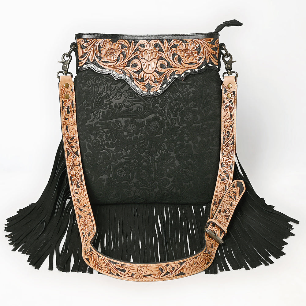 ADBGS192 Floral Embossed Leather Large Crossbody Bag with Fringe & Tooled Strap - Western Elegant Purse