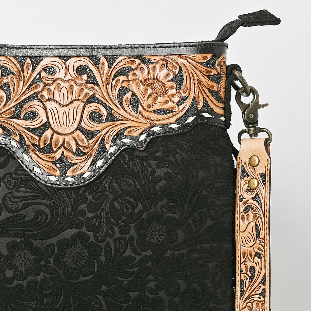 ADBGS192 Floral Embossed Leather Large Crossbody Bag with Fringe & Tooled Strap - Western Elegant Purse