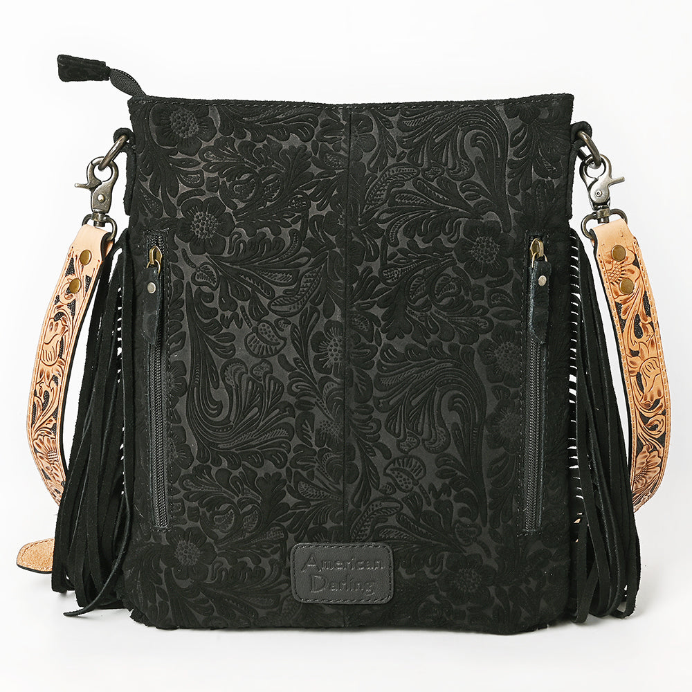 ADBGS192 Floral Embossed Leather Large Crossbody Bag with Fringe & Tooled Strap - Western Elegant Purse