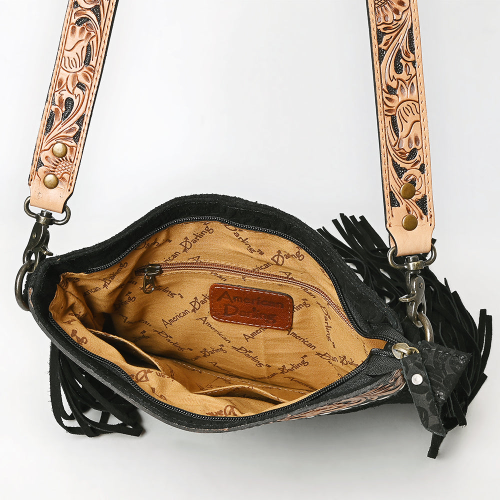 ADBGS192 Floral Embossed Leather Large Crossbody Bag with Fringe & Tooled Strap - Western Elegant Purse