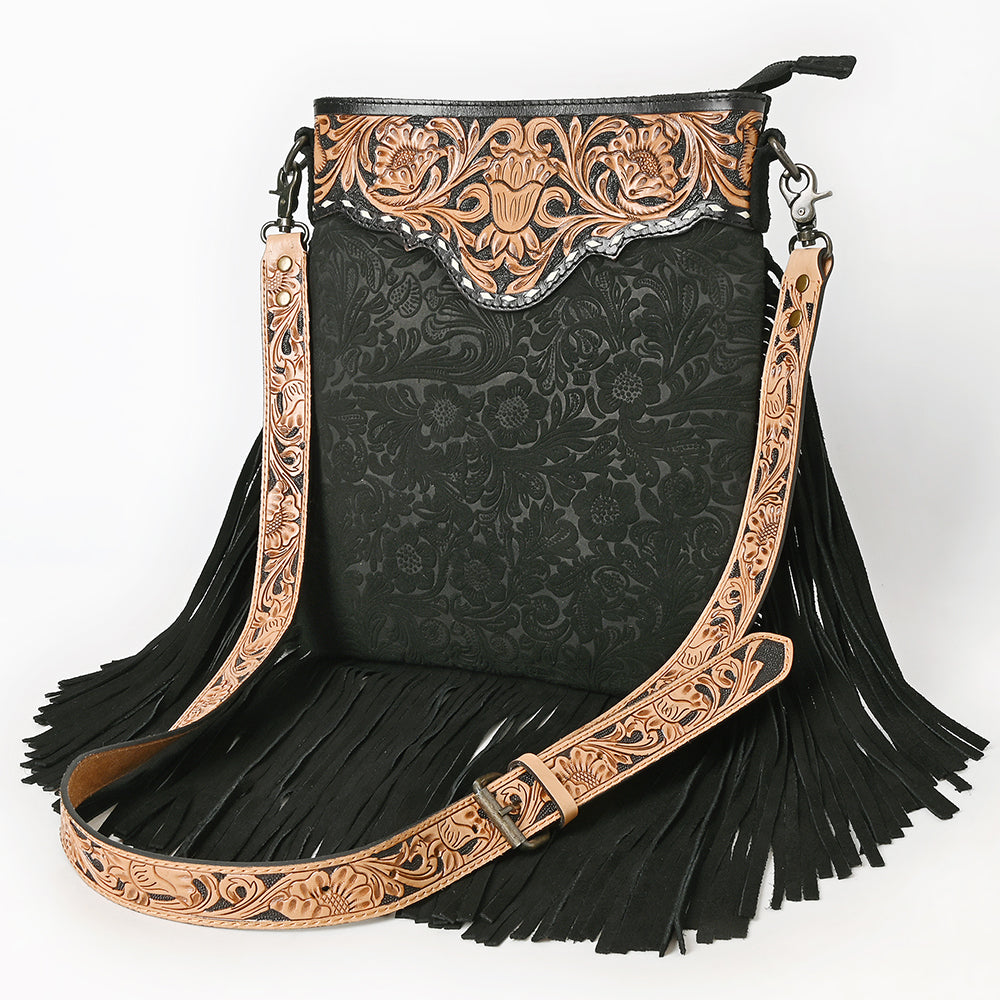 ADBGS192 Floral Embossed Leather Large Crossbody Bag with Fringe & Tooled Strap - Western Elegant Purse