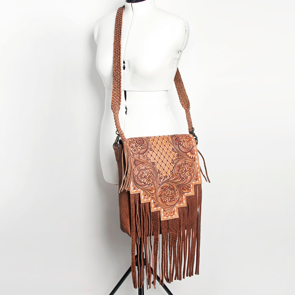 LC-ADBGZ595A Hand-Tooled Leather Fringe Sling Bag - Western Messenger with Basketweave Strap