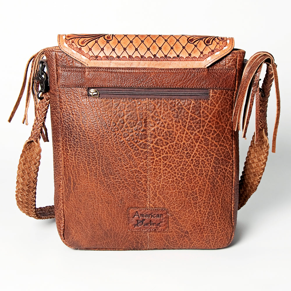 LC-ADBGZ595A Hand-Tooled Leather Fringe Sling Bag - Western Messenger with Basketweave Strap
