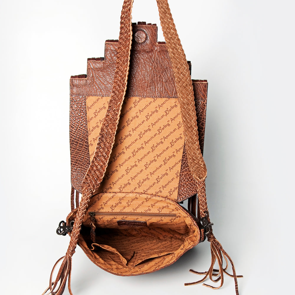 LC-ADBGZ595A Hand-Tooled Leather Fringe Sling Bag - Western Messenger with Basketweave Strap