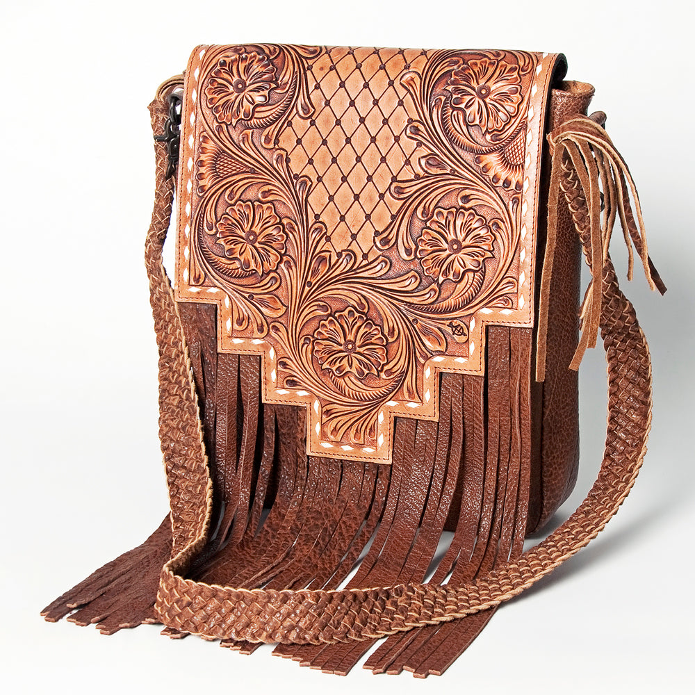 LC-ADBGZ595A Hand-Tooled Leather Fringe Sling Bag - Western Messenger with Basketweave Strap