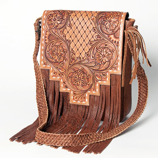 LC-ADBGZ595A Hand-Tooled Leather Fringe Sling Bag - Western Messenger with Basketweave Strap
