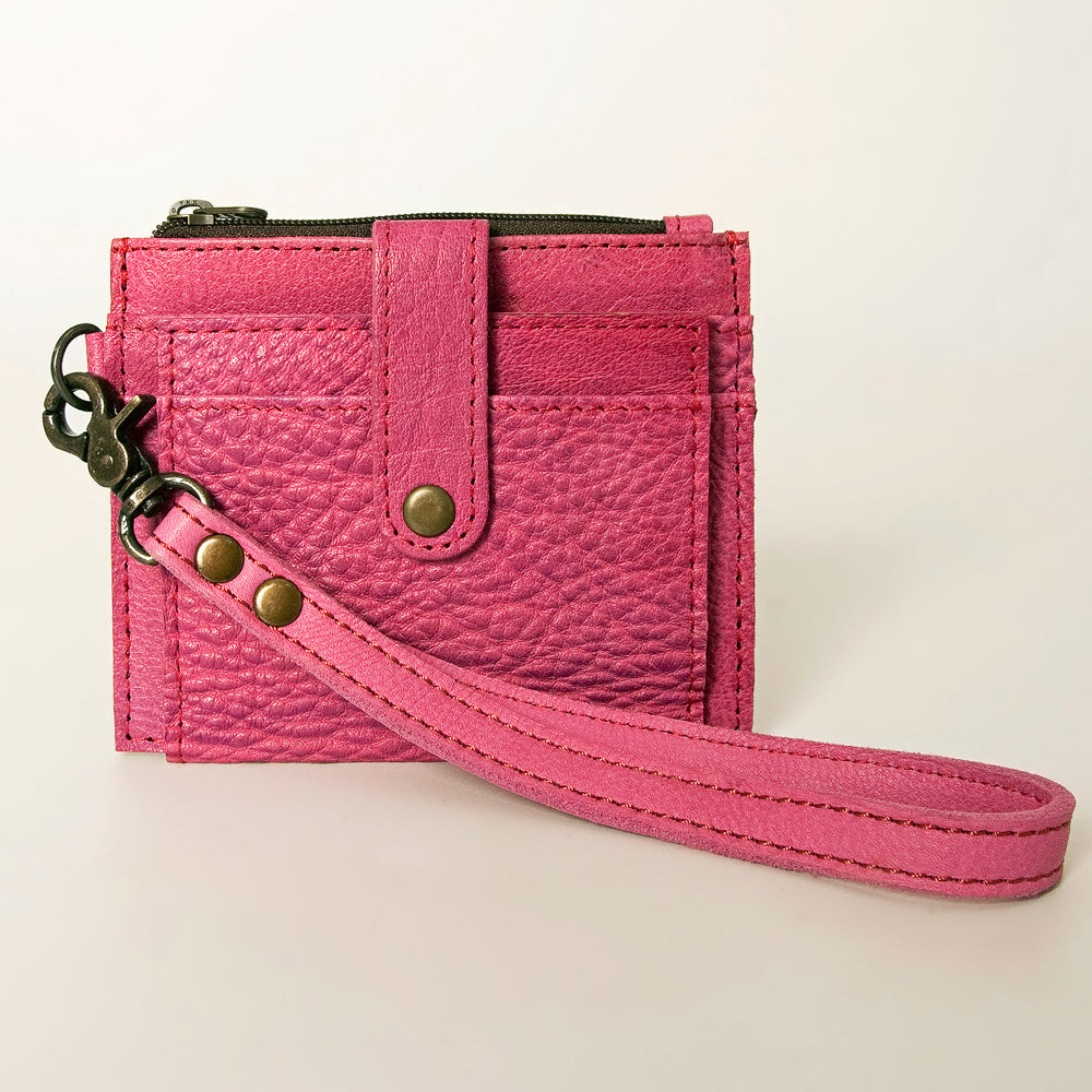 LC-ADBG816E Pink Genuine Leather Wristlet Card Wallet with Snap Tab & Zipper Pocket