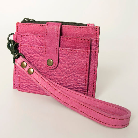LC-ADBG816E Pink Genuine Leather Wristlet Card Wallet with Snap Tab & Zipper Pocket