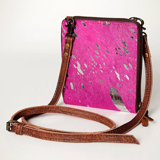 LC-ADBG820H Pink & Silver Hair-On Cowhide Crossbody Bag with Brown Leather Strap