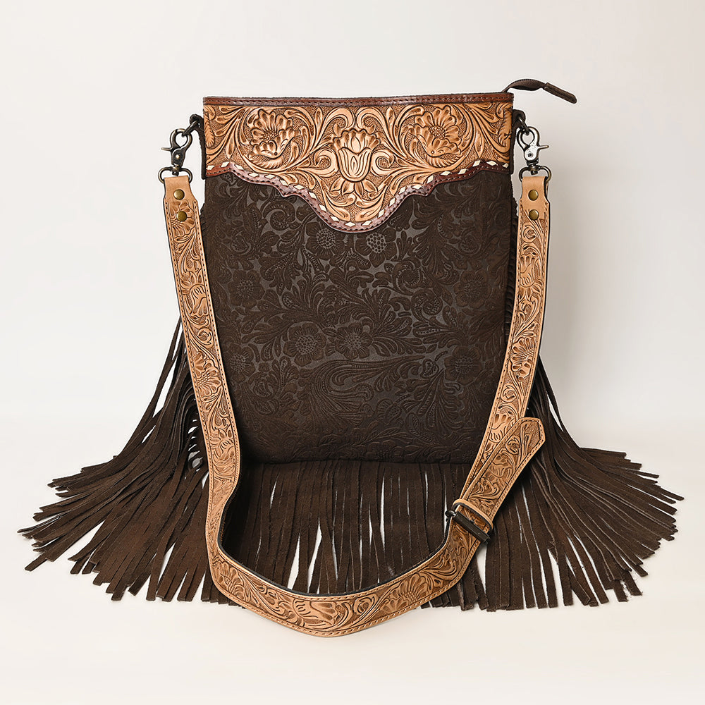 ADBGS192 Floral Embossed Leather Large Crossbody Bag with Fringe & Tooled Strap - Western Elegant Purse