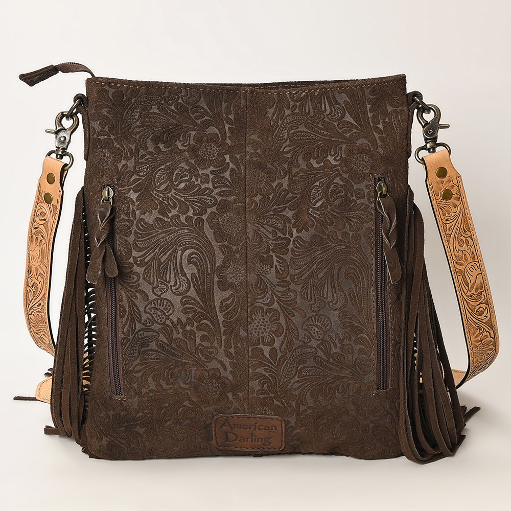ADBGS192 Floral Embossed Leather Large Crossbody Bag with Fringe & Tooled Strap - Western Elegant Purse