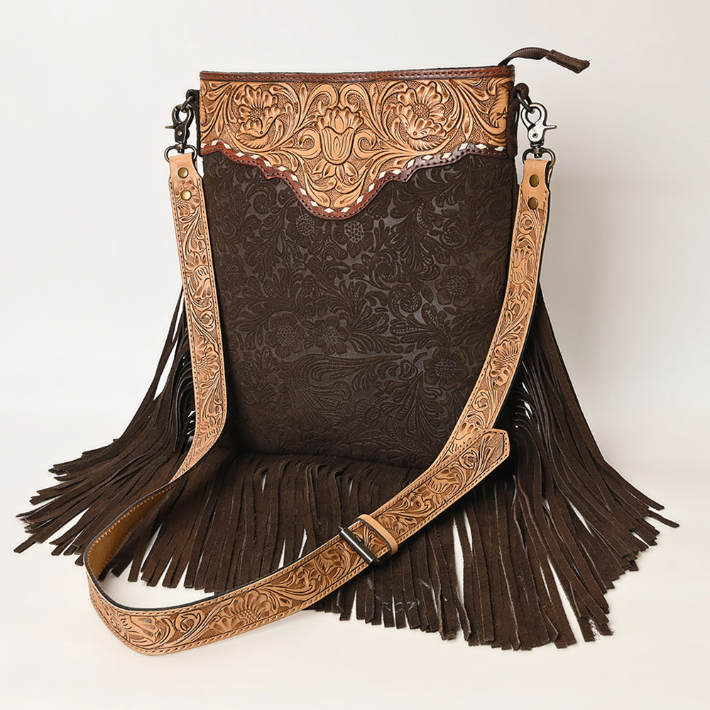 ADBGS192 Floral Embossed Leather Large Crossbody Bag with Fringe & Tooled Strap - Western Elegant Purse