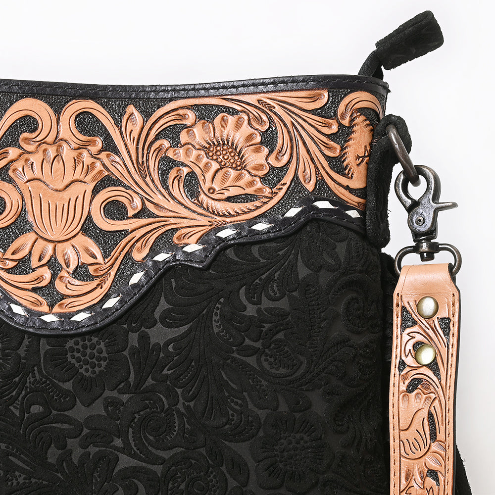 ADBGS192 Floral Embossed Leather Large Crossbody Bag with Fringe & Tooled Strap - Western Elegant Purse