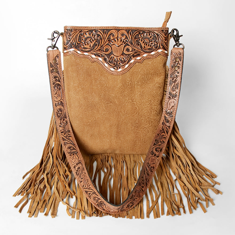 ADBGS192 Floral Embossed Leather Large Crossbody Bag with Fringe & Tooled Strap - Western Elegant Purse