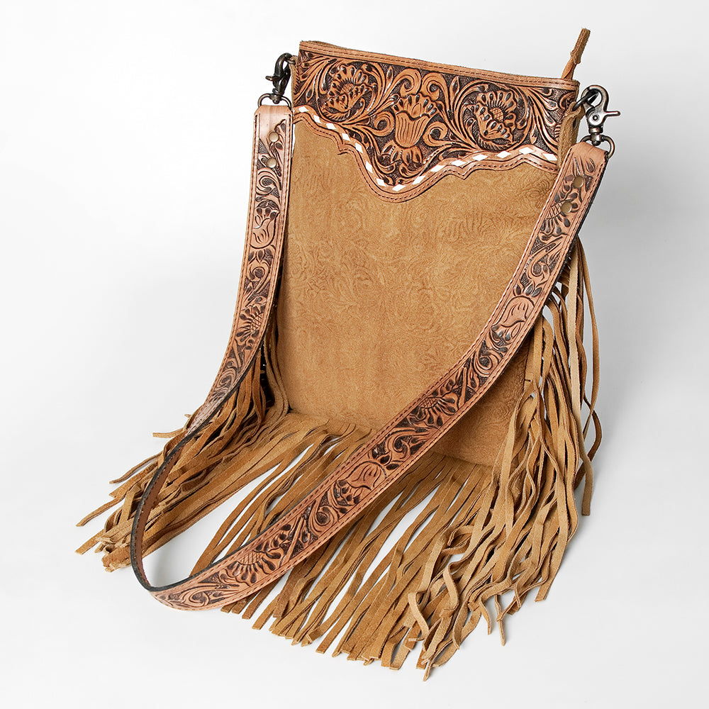 ADBGS192 Floral Embossed Leather Large Crossbody Bag with Fringe & Tooled Strap - Western Elegant Purse