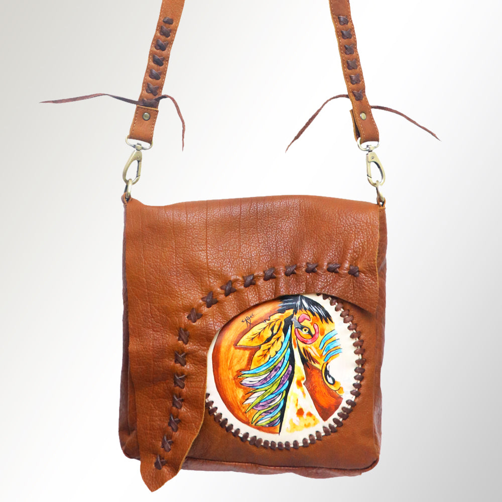 LC-ADBGM123R2 Hand-Painted Leather Messenger Bag - Circular Horse Art with Raw-Edge Stitching