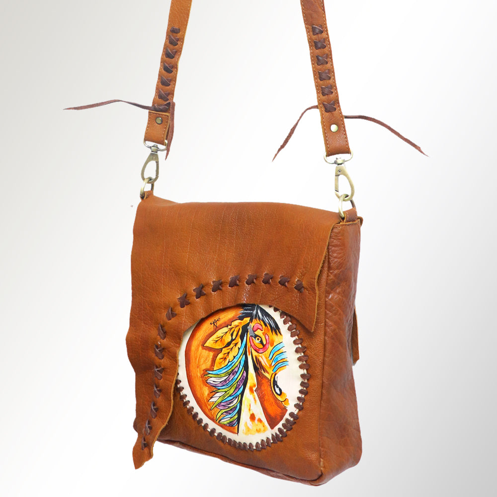 LC-ADBGM123R2 Hand-Painted Leather Messenger Bag - Circular Horse Art with Raw-Edge Stitching