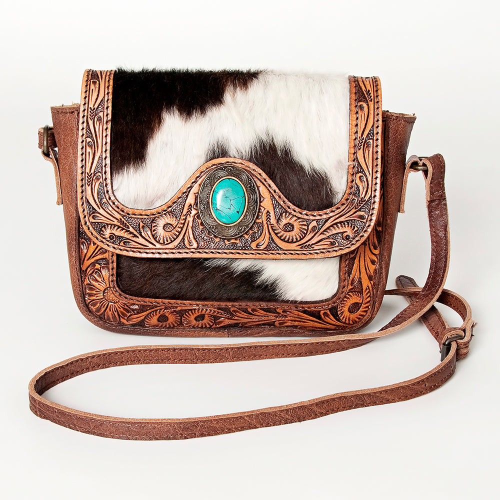 ADBG824A Tooled Leather Crossbody Bag with Cowhide & Turquoise Accent