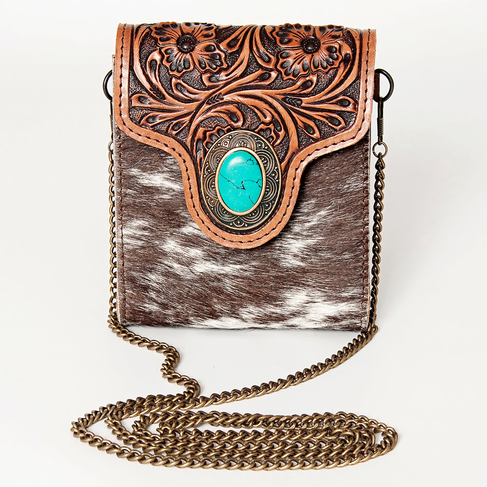 ADBG825 Mini Western Hair-On Leather Crossbody Bag with Turquoise Concho American Darling