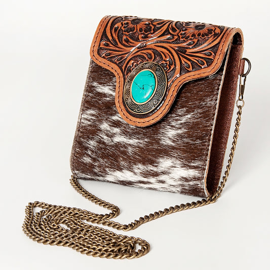 ADBG825 Mini Western Hair-On Leather Crossbody Bag with Turquoise Concho American Darling