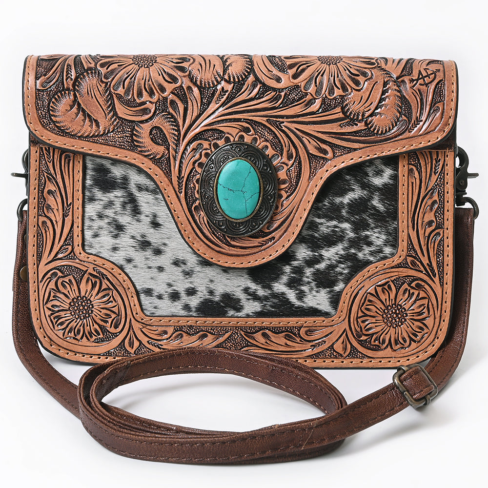 ADBG826 Tooled Leather & Hair-On Crossbody Bag Western Cowhide Shoulder Purse