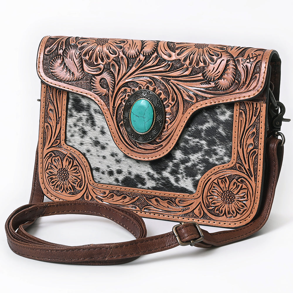ADBG826 Tooled Leather & Hair-On Crossbody Bag Western Cowhide Shoulder Purse