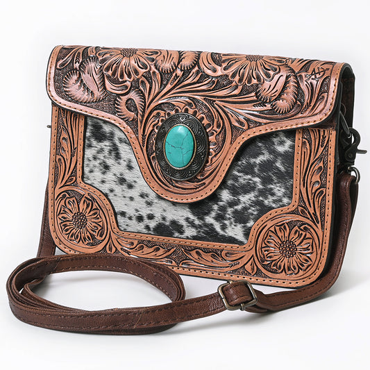 ADBG826 Tooled Leather & Hair-On Crossbody Bag Western Cowhide Shoulder Purse