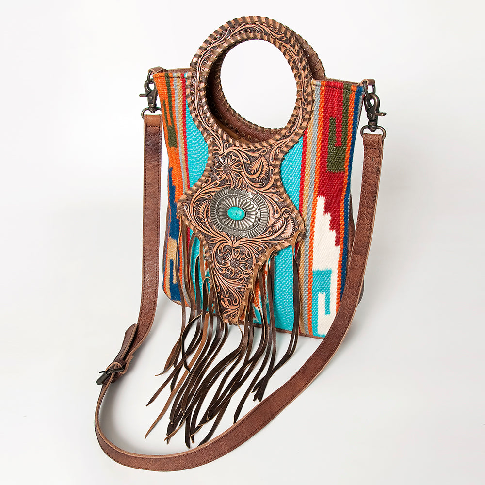 LC-ADBG827 Belle Western Clutch Bag with Tooled Leather, Saddle Blanket & Turquoise Concho