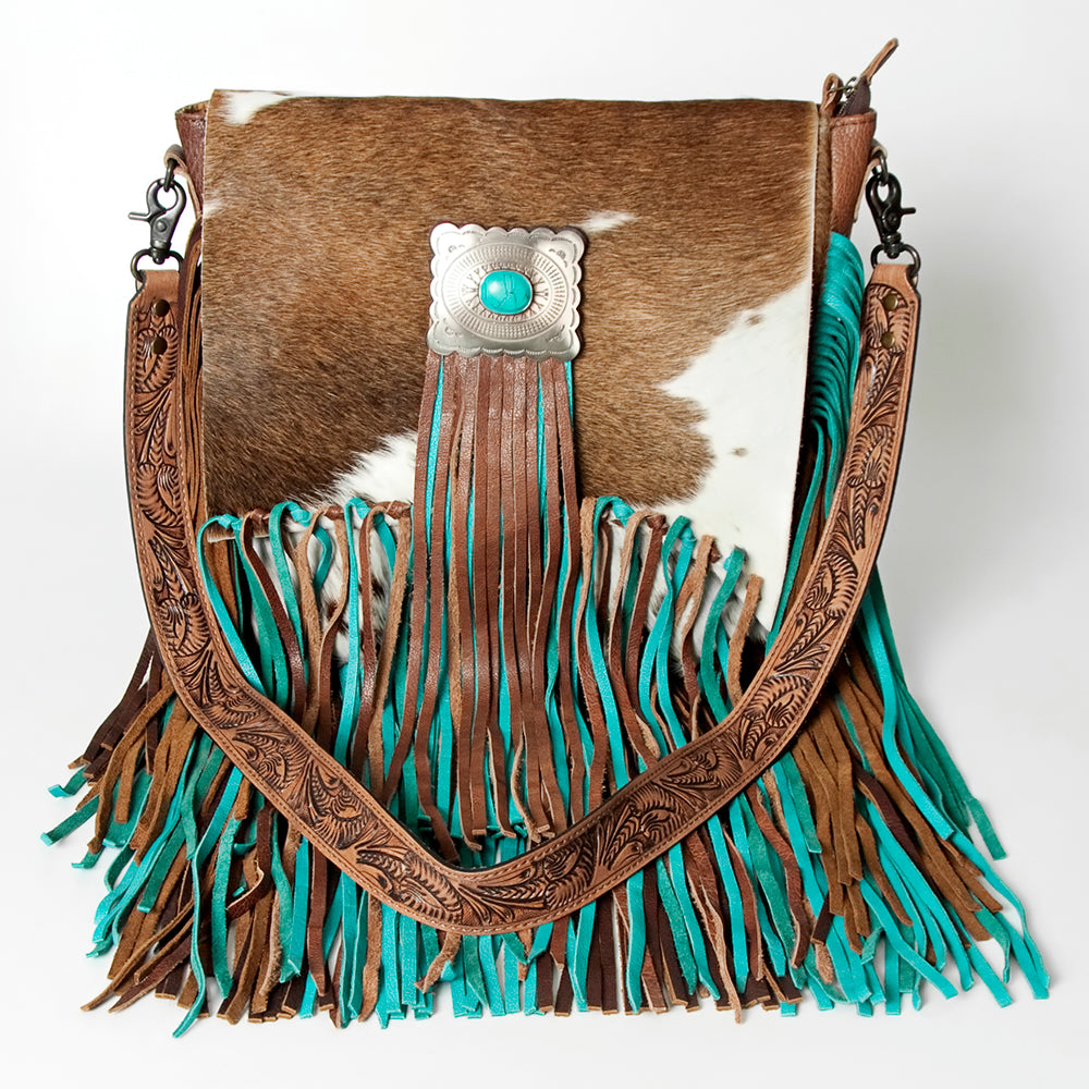 ADBG830 Turquoise Fringe Hair-On Messenger Bag Genuine Tooled Leather Western Messenger